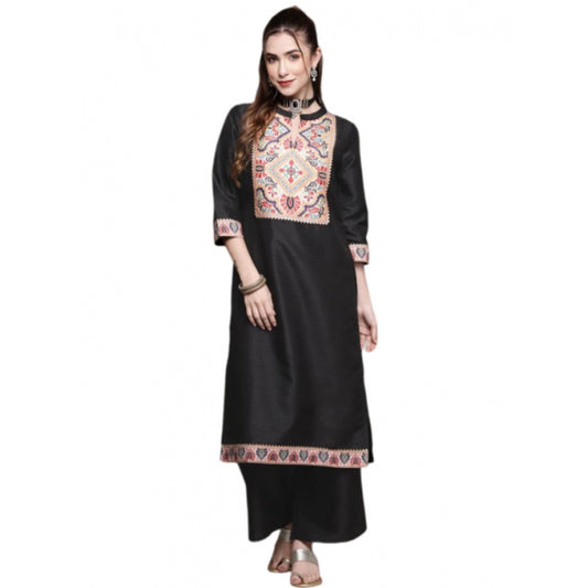 Shopper Beast Women's Casual 3-4Th Sleeve Floral Printed Poly Silk Kurti and Palazzo Set (Black)