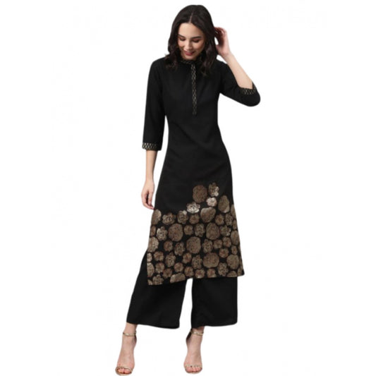 Shopper Beast Women's Casual 3-4Th Sleeve Ethnic Motifs Crepe Kurti And Palazzo Set (Black)