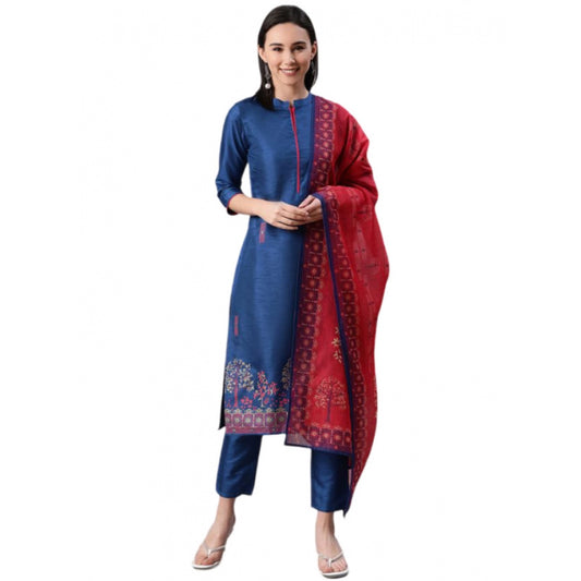 Shopper Beast Women's Casual 3-4Th Sleeve Floral Printed Poly Silk Kurti Pant And Dupatta Set (Blue)