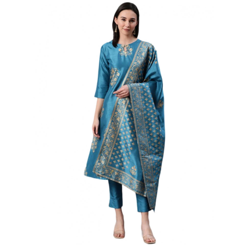 Shopper Beast Women's Casual 3-4Th Sleeve Ethnic Motifs Poly Silk Kurti Pant And Dupatta Set (Blue)