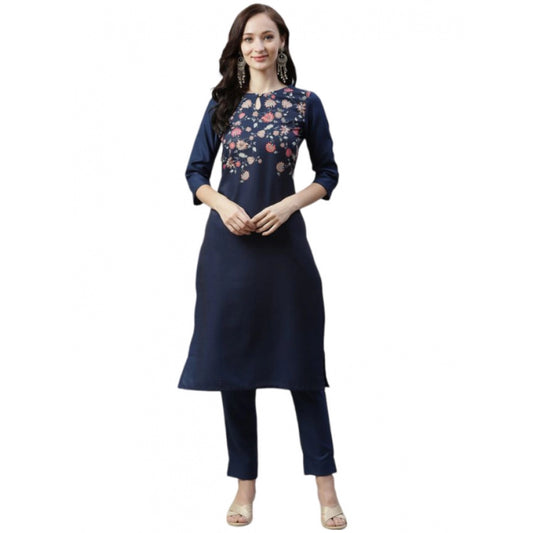 Shopper Beast Women's Casual 3-4Th Sleeve Floral Printed Rayon Kurti And Pant Set (Navy Blue)