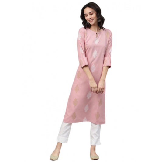 Shopper Beast Women's Casual 3-4Th Sleeve Ethnic Motifs Rayon Kurti And Pant Set (Pink)