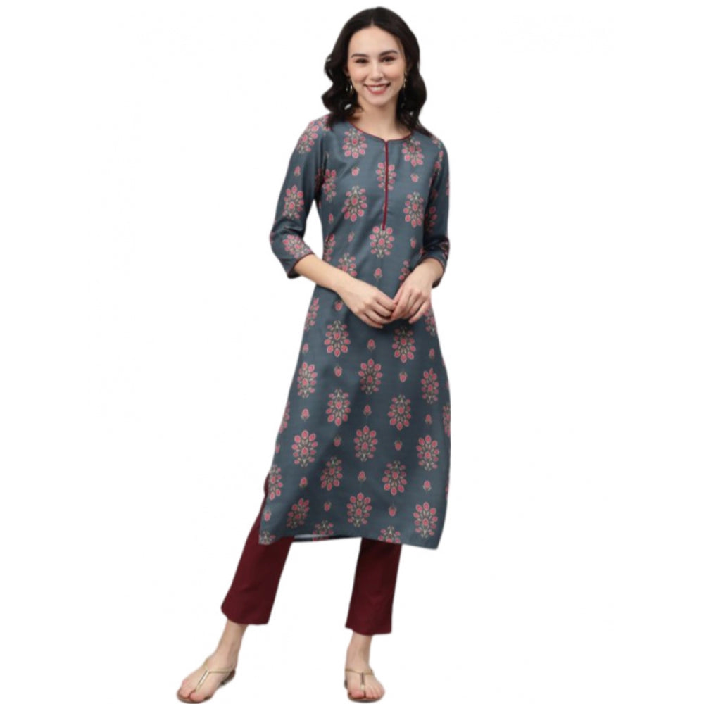 Shopper Beast Women's Casual 3-4Th Sleeve Floral Printed Rayon Kurti And Pant Set (Grey)