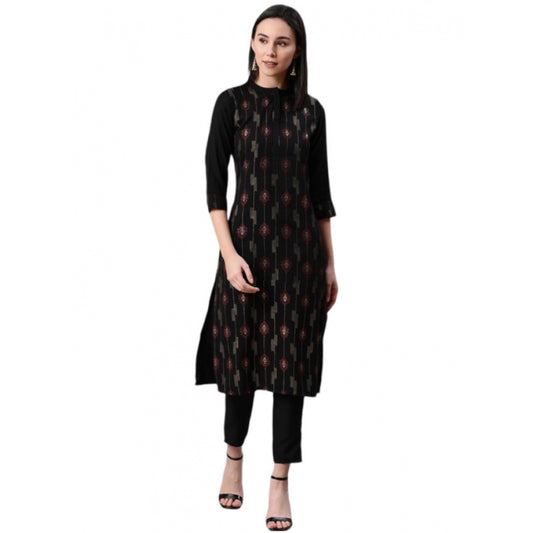 Shopper Beast Women's Casual 3-4Th Sleeve Ethnic Motifs Rayon Kurti And Pant Set (Black)