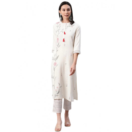 Shopper Beast Women's Casual 3-4Th Sleeve Floral Printed Rayon Kurti And Pant Set (Cream)