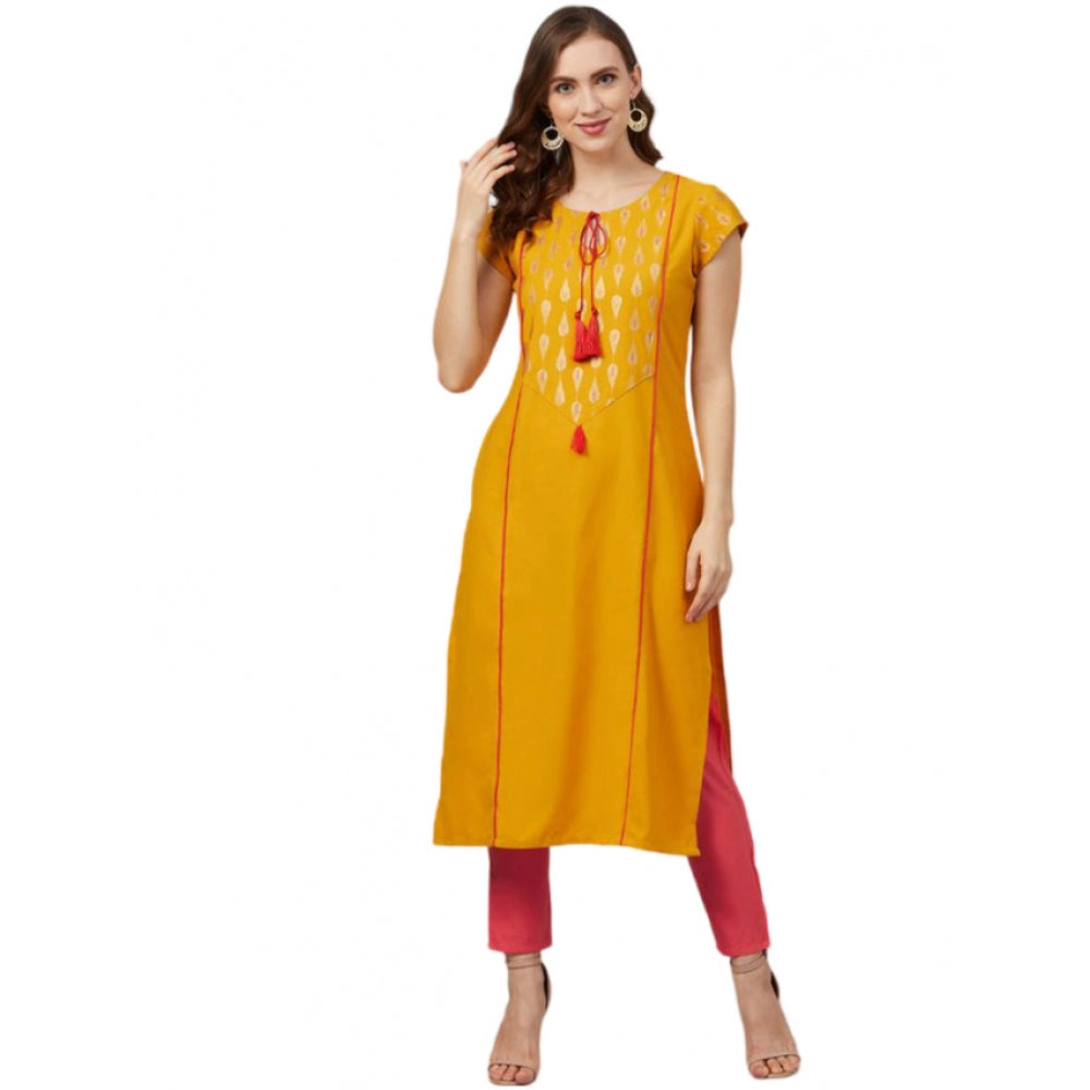 Shopper Beast Women's Casual Short Sleeves Floral Printed Rayon Kurti and Pant Set (Mustard)