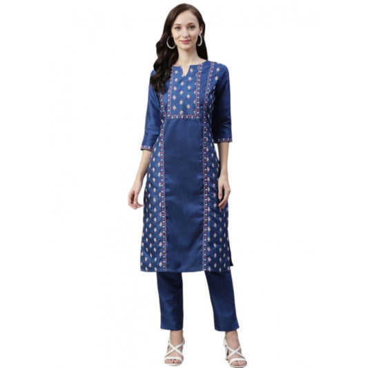 Shopper Beast Women's Casual 3-4Th Sleeve Floral Printed Poly Silk Kurti And Pant Set (Blue)