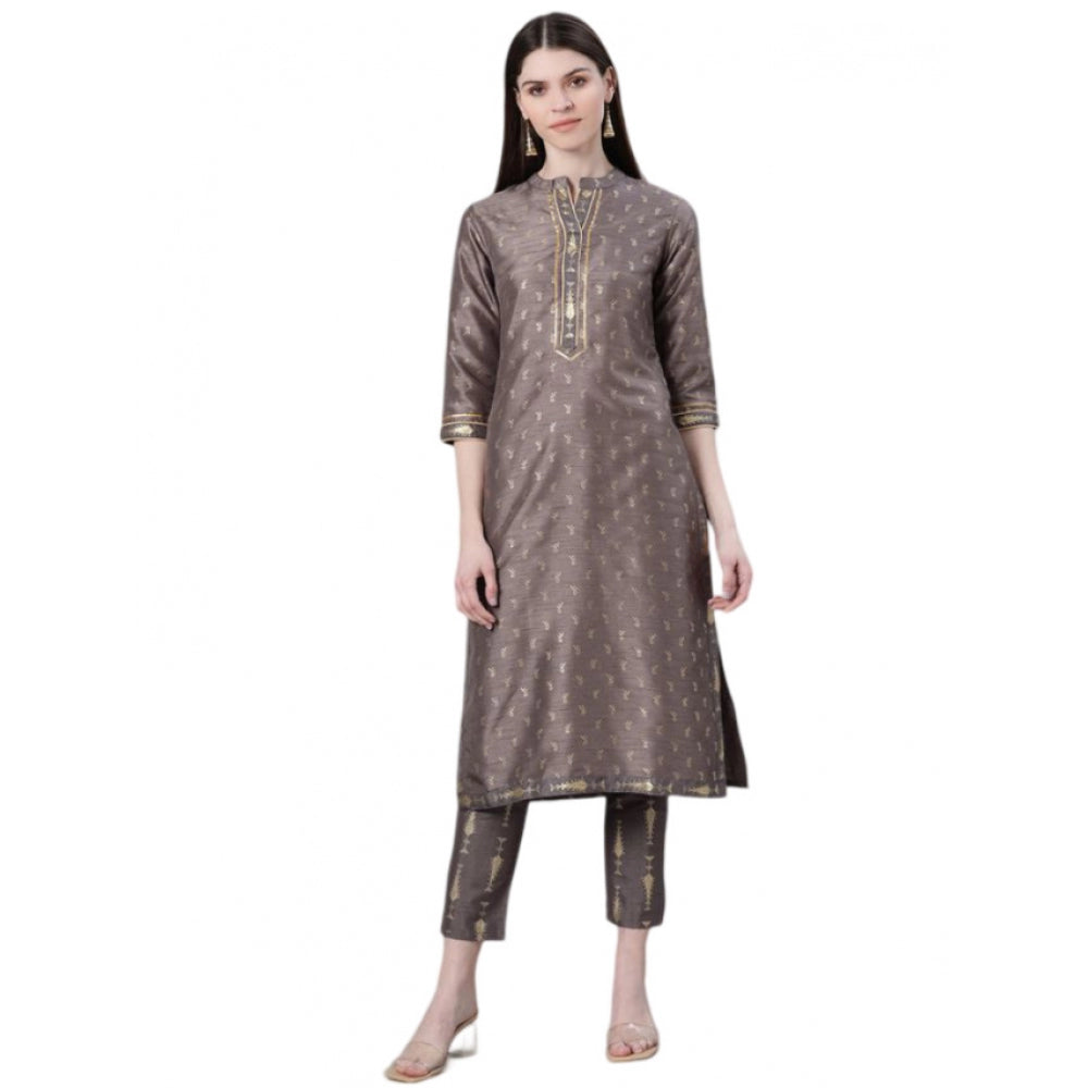 Shopper Beast Women's Casual 3-4Th Sleeve Ethnic Motifs Poly Silk Kurti And Pant Set (Grey)