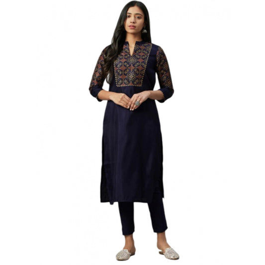 Shopper Beast Women's Casual 3-4Th Sleeve Ethnic Motifs Poly Silk Kurti and Pant Set (Blue)