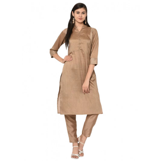 Shopper Beast Women's Casual 3-4Th Sleeve Solid Poly Silk Kurti and Pant Set (Brown)