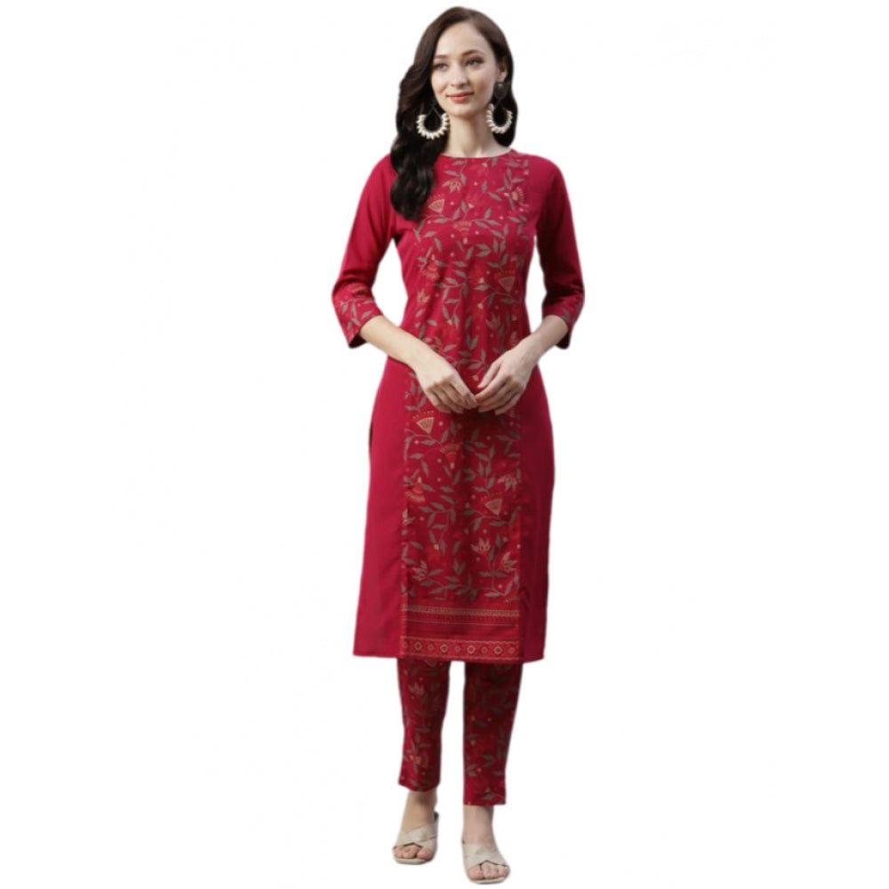 Shopper Beast Women's Casual 3-4Th Sleeve Floral Printed Crepe Kurti And Pant Set (Maroon)