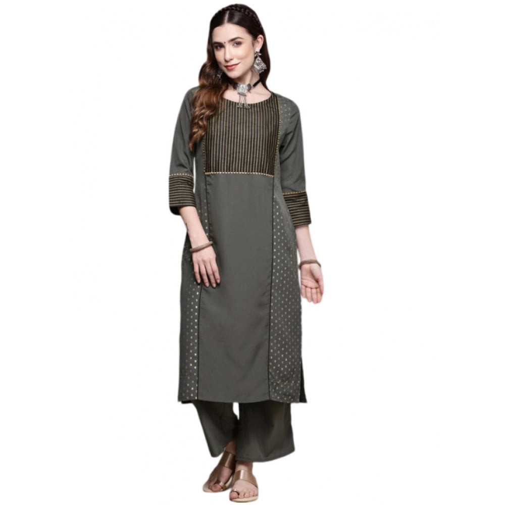 Shopper Beast Women's Casual 3-4Th Sleeve Stripes Crepe Kurti and Pant Set (Dark Grey)