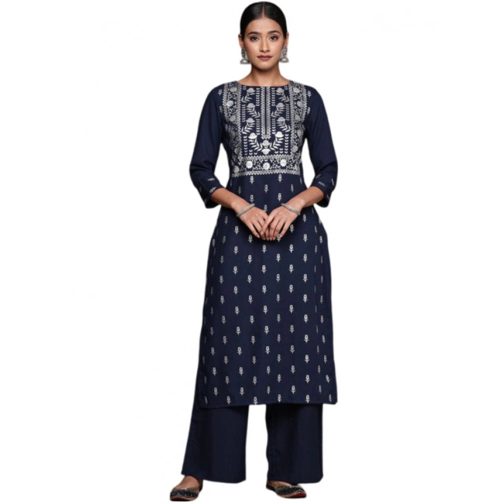 Shopper Beast Women's Casual 3-4Th Sleeve Floral Printed Rayon Kurti and Palazzo Set (Navy Blue)