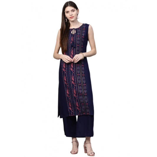 Shopper Beast Women's Casual Sleeveless Ikkat Rayon Kurti and Palazzo Set (Navy Blue)