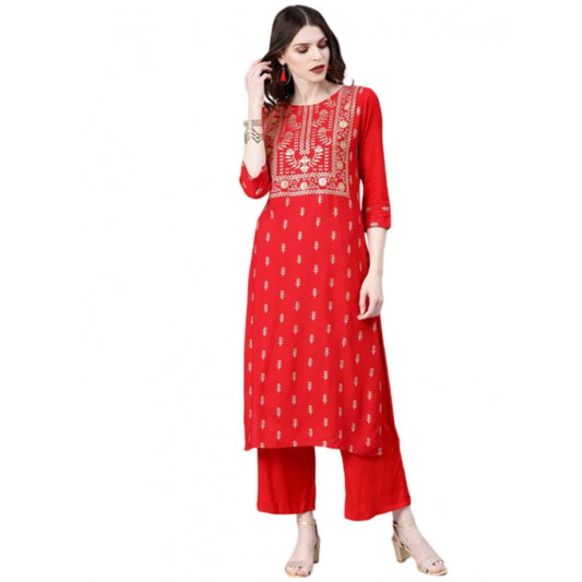 Shopper Beast Women's Casual 3-4Th Sleeve Floral Printed Rayon Kurti and Palazzo Set (Red)