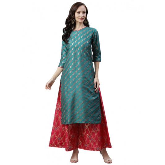 Shopper Beast Women's Casual 3-4Th Sleeve Ethnic Motifs Poly Silk Kurti And Palazzo Set (Green)