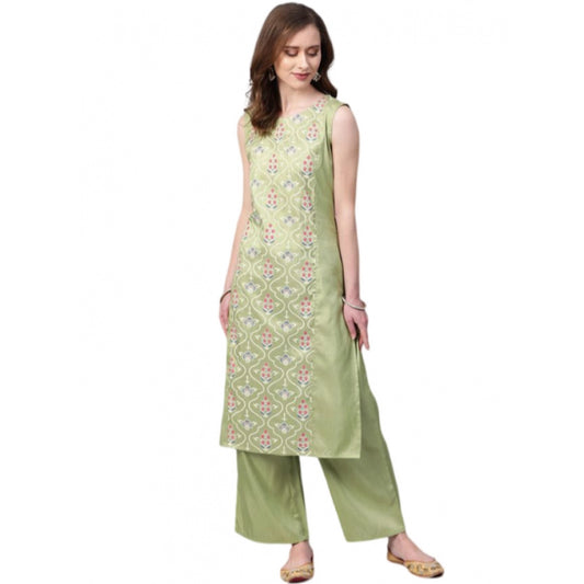 Shopper Beast Women's Casual Sleeveless Floral Printed Poly Silk Kurti and Palazzo Set (Green)