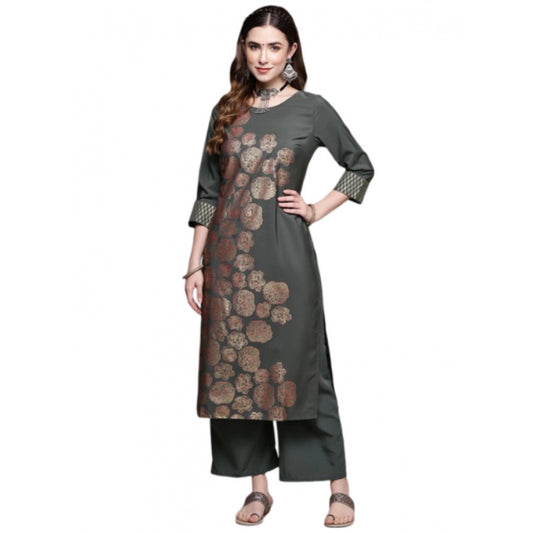 Shopper Beast Women's Casual 3-4Th Sleeve Floral Printed Crepe Kurti And Palazzo Set (Dark Grey)