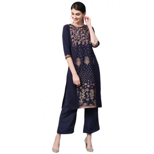 Shopper Beast Women's Casual 3-4Th Sleeve Floral Printed Crepe Kurti And Palazzo Set (Navy Blue)