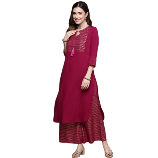 Shopper Beast Women's Casual Full Sleeve Ethnic Motifs Crepe Kurti and Palazzo Set (Dark Pink)