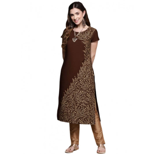 Shopper Beast Women's Casual Short Sleeves Floral Printed Crepe Kurti (Brown)