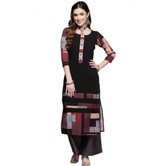 Shopper Beast Women's Casual 3-4Th Sleeve Ethnic Motifs Crepe Kurti (Black)