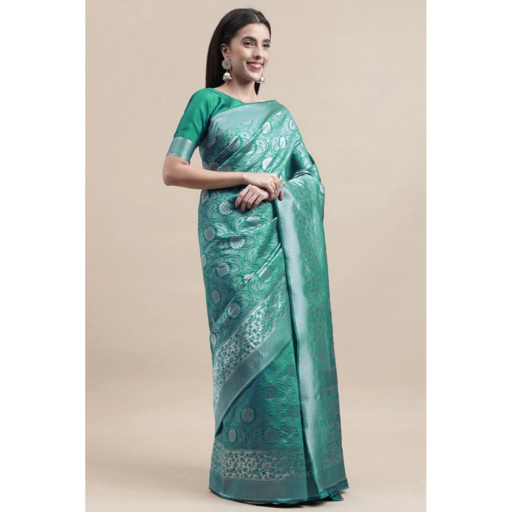 Shopper Beast Women's Kanjivaram Silk Designer Silver Weaving Saree With Unstitched Blouse (Green, 5.50 Mtrs)