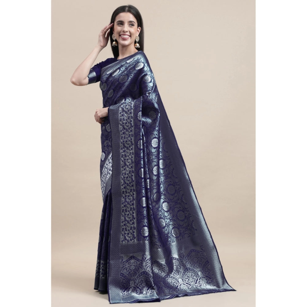 Shopper Beast Women's Kanjivaram Silk Designer Silver Weaving Saree With Unstitched Blouse (Blue, 5.50 Mtrs)