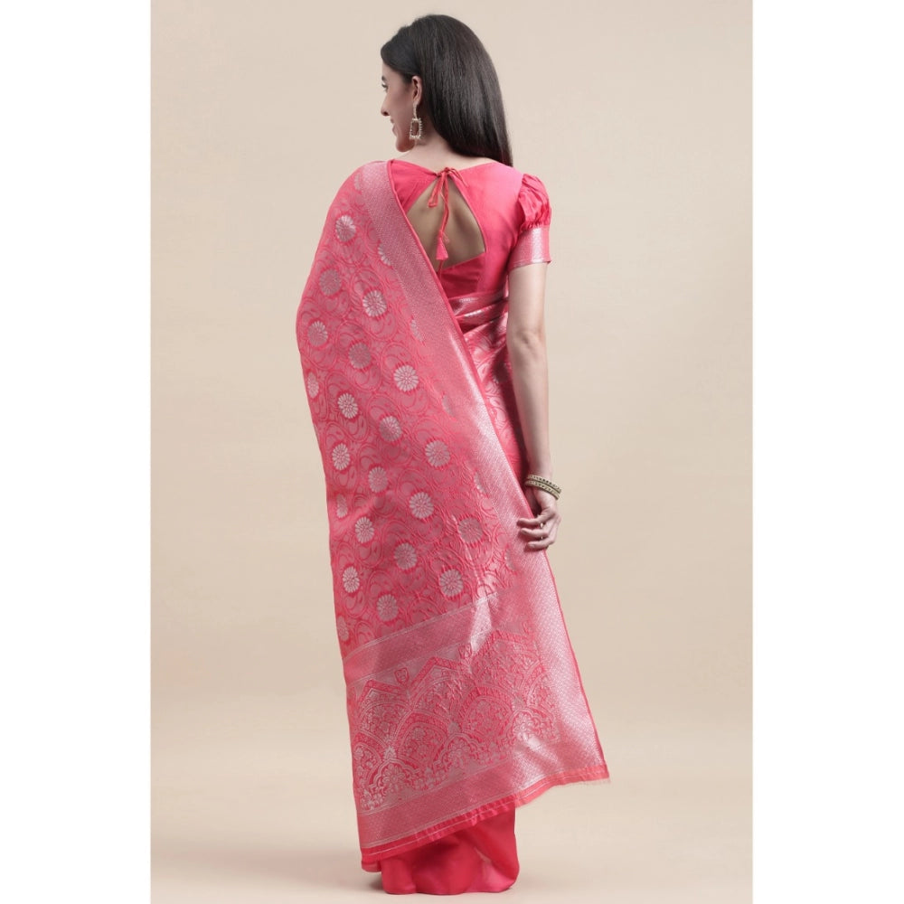 Shopper Beast Women's Kanjivaram Silk Designer Silver Weaving Saree With Unstitched Blouse (Pink, 5.50 Mtrs)