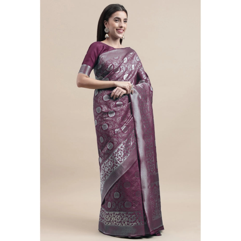 Shopper Beast Women's Kanjivaram Silk Designer Silver Weaving Saree With Unstitched Blouse (Purple, 5.50 Mtrs)