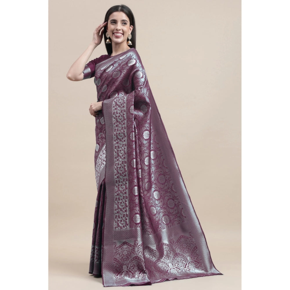 Shopper Beast Women's Kanjivaram Silk Designer Silver Weaving Saree With Unstitched Blouse (Purple, 5.50 Mtrs)