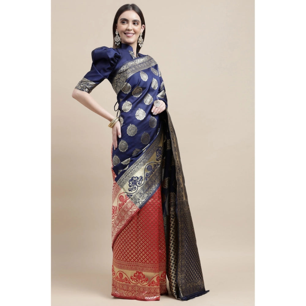 Shopper Beast Women's Kanjivaram Silk Designer Weaving Saree With Unstitched Blouse (Blue &amp; Red, 5.50 Mtrs)