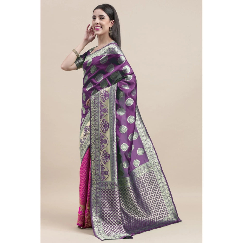 Shopper Beast Women's Kanjivaram Silk Designer Weaving Saree With Unstitched Blouse (Voilet &amp; Purple, 5.50 Mtrs)