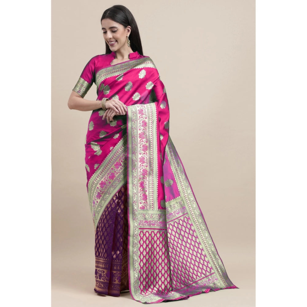 Shopper Beast Women's Kanjivaram Silk Designer Weaving Saree With Unstitched Blouse (Purple &amp; Voilet, 5.50 Mtrs)