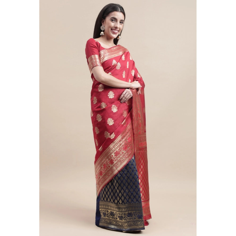 Shopper Beast Women's Kanjivaram Silk Designer Weaving Saree With Unstitched Blouse (Red,Blue, 5.50 Mtrs)