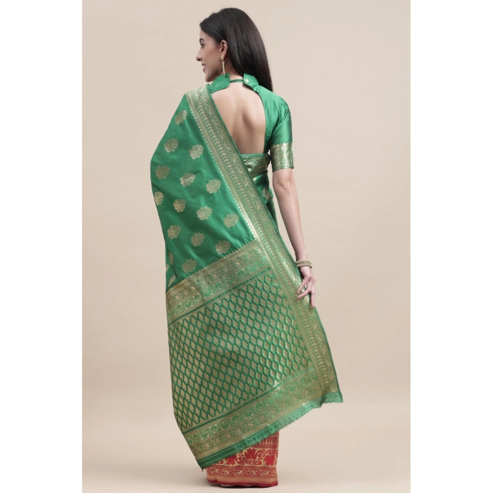 Shopper Beast Women's Kanjivaram Silk Designer Weaving Saree With Unstitched Blouse (Green &amp; Red, 5.50 Mtrs)