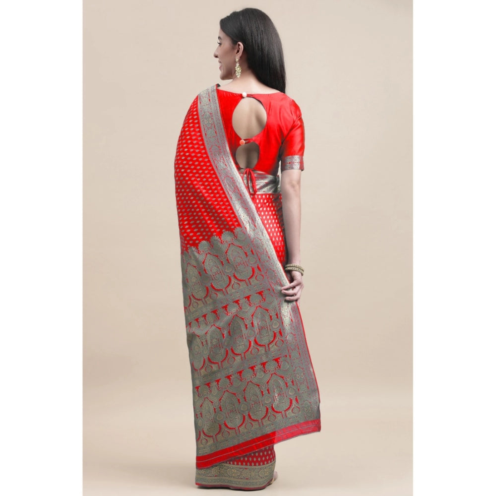 Shopper Beast Women's Kanjivaram Silk Designer Weaving Saree With Unstitched Blouse (Red, 5.50 Mtrs)