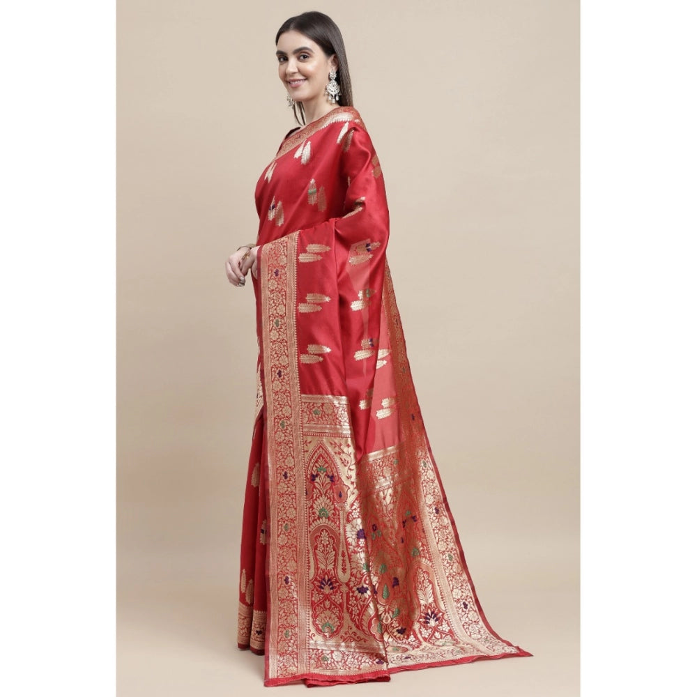 Shopper Beast Women's Kanjivaram Silk Designer Weaving Saree With Unstitched Blouse (Red, 5.50 Mtrs)