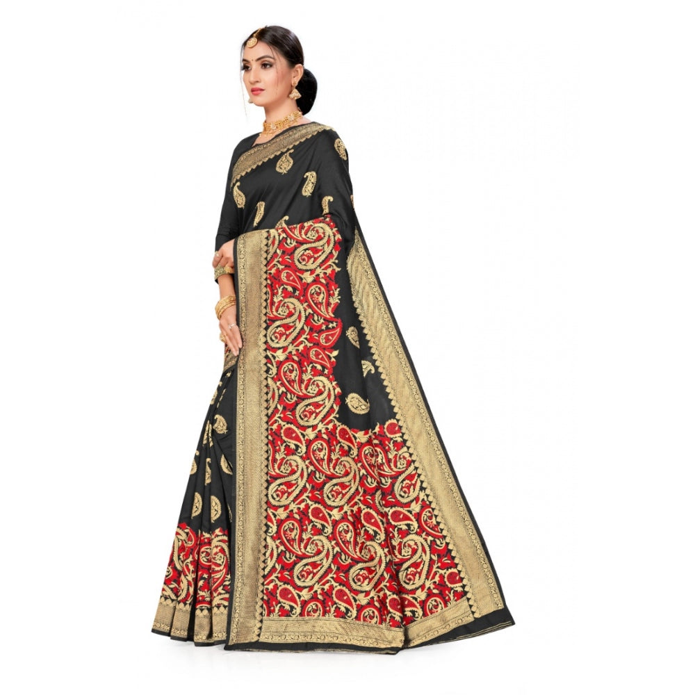 Shopper Beast Women's Banarasi Silk Designer Weaving Saree With Unstitched Blouse (Black, 5.50 Mtrs)