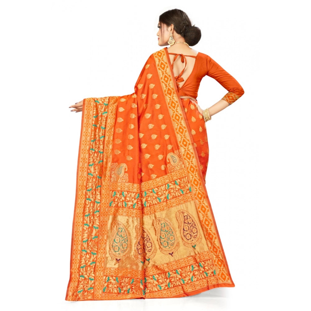 Shopper Beast Women's Banarasi Silk Designer Weaving Saree With Unstitched Blouse (Orange, 5.50 Mtrs)