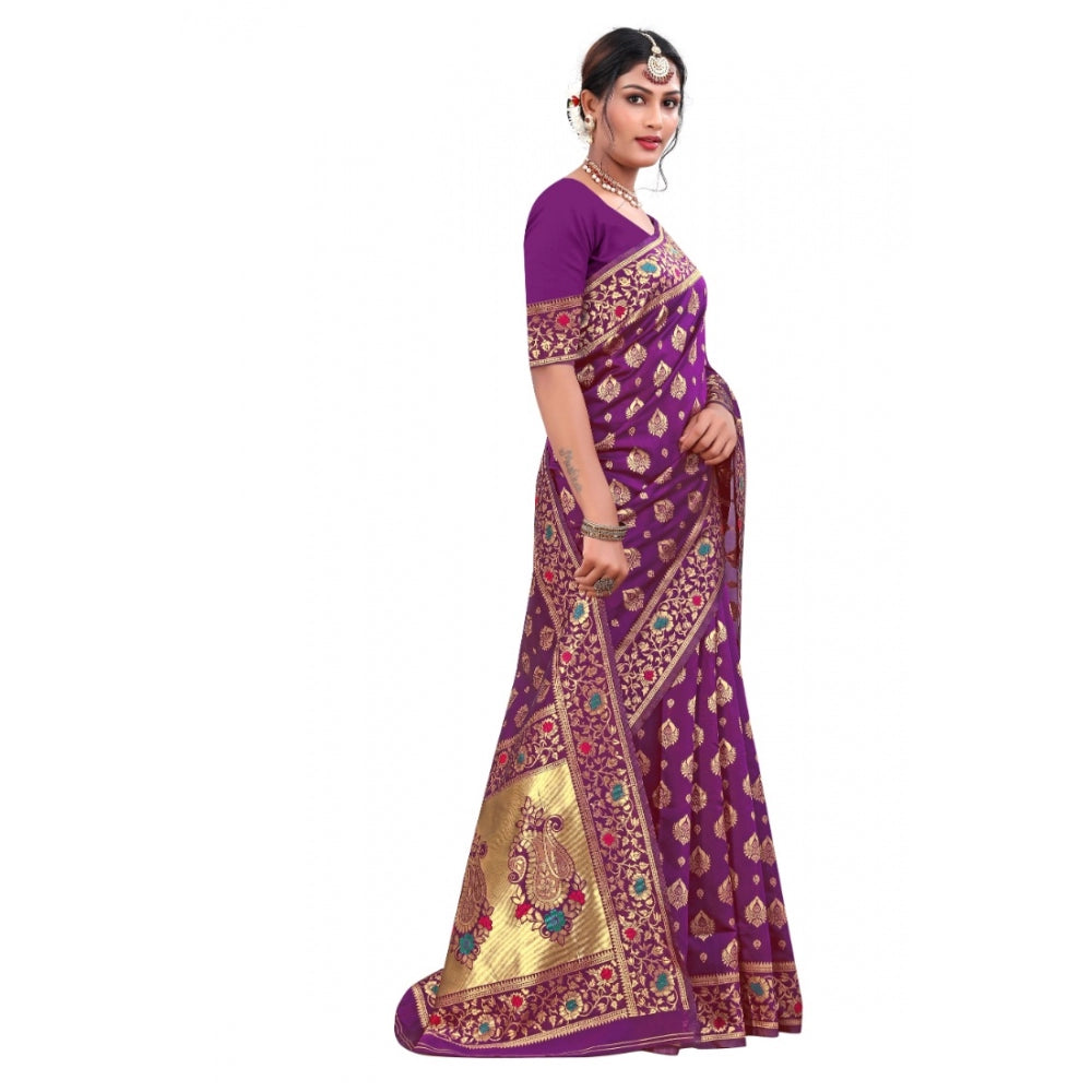 Shopper Beast Women's Banarasi Silk Designer Weaving Saree With Unstitched Blouse (Purple, 5.50 Mtrs)