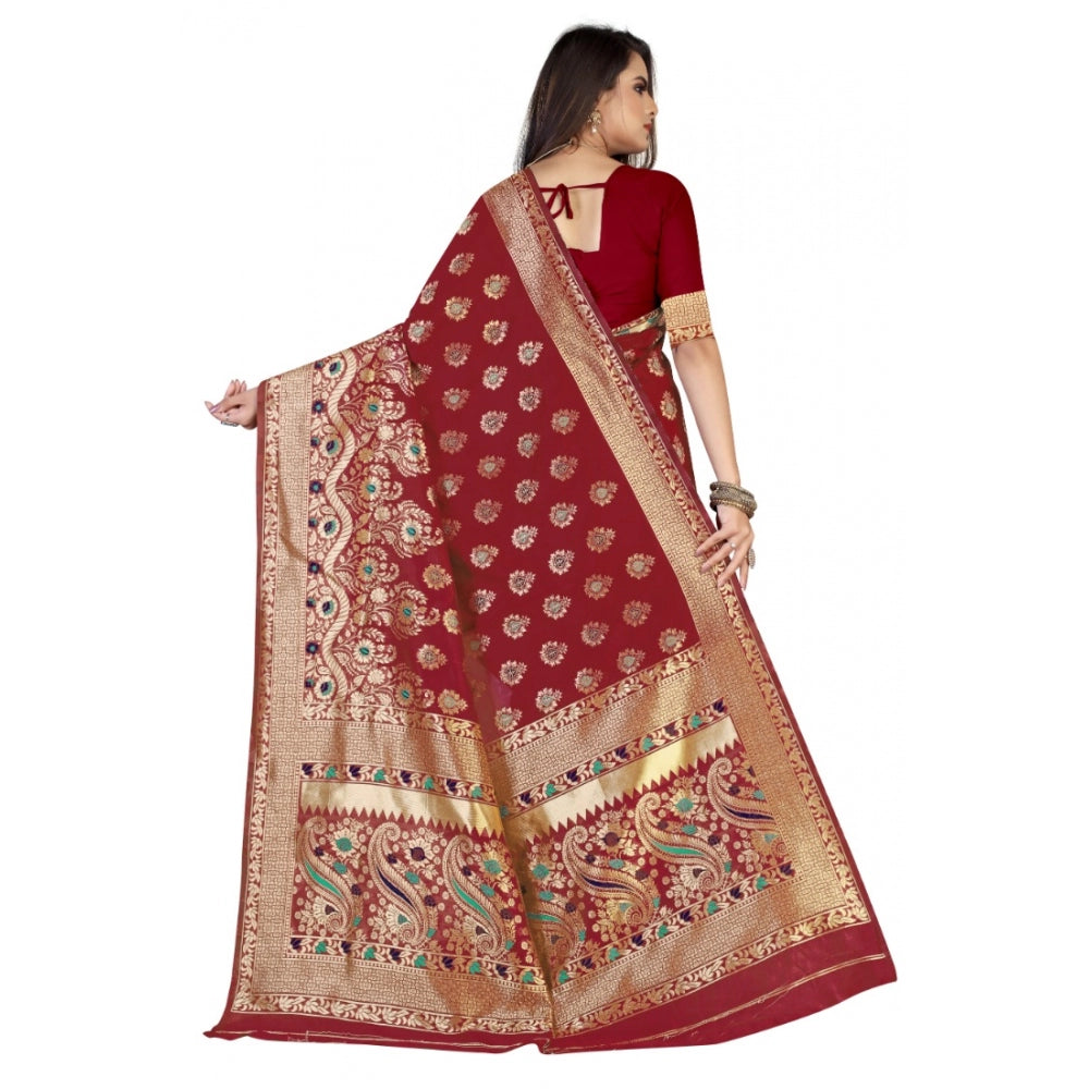 Shopper Beast Women's Banarasi Silk Designer Weaving Saree With Unstitched Blouse (Maroon, 5.50 Mtrs)