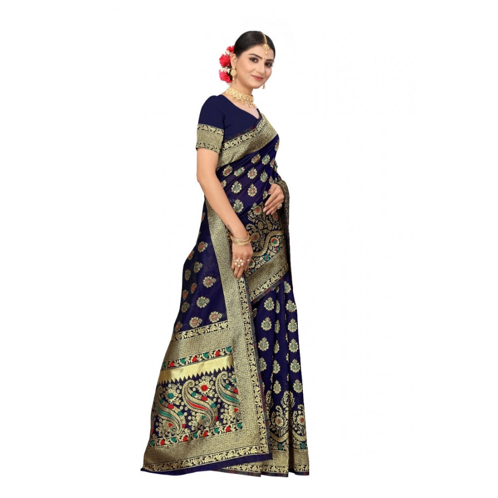 Shopper Beast Women's Banarasi Silk Designer Weaving Saree With Unstitched Blouse (Blue, 5.50 Mtrs)