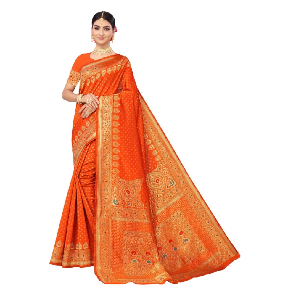 Shopper Beast Women's Banarasi Silk Designer Weaving Saree With Unstitched Blouse (Orange, 5.50 Mtrs)