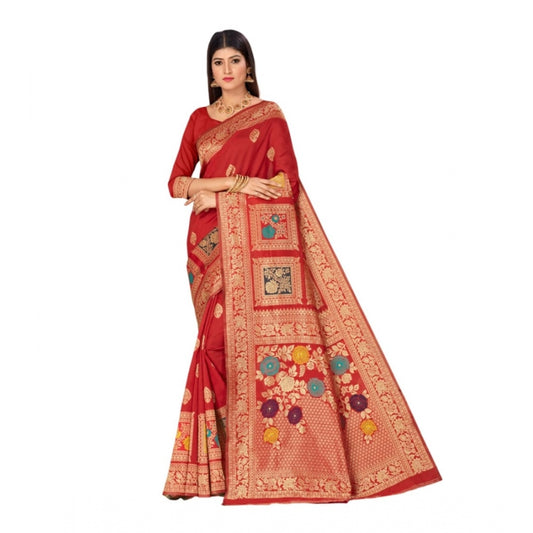 Shopper Beast Women's Banarasi Silk Designer Weaving Saree With Unstitched Blouse (Red, 5.50 Mtrs)