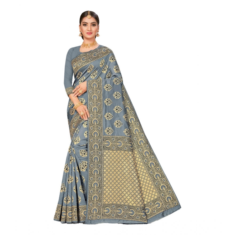 Shopper Beast Women's Banarasi Silk Designer Weaving Saree With Unstitched Blouse (Grey, 5.50 Mtrs)