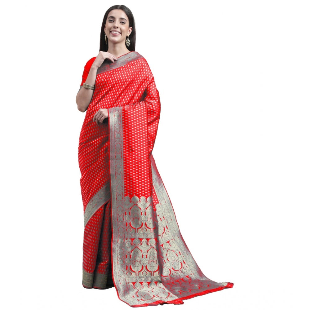 Shopper Beast Women's Kanjivaram Silk Designer Weaving Saree With Unstitched Blouse (Red, 5.50 Mtrs)