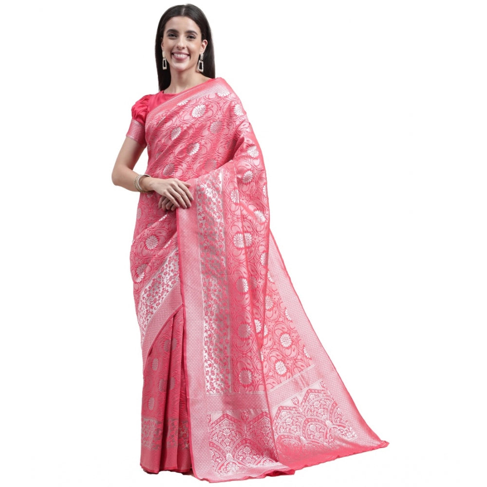 Shopper Beast Women's Kanjivaram Silk Designer Silver Weaving Saree With Unstitched Blouse (Pink, 5.50 Mtrs)