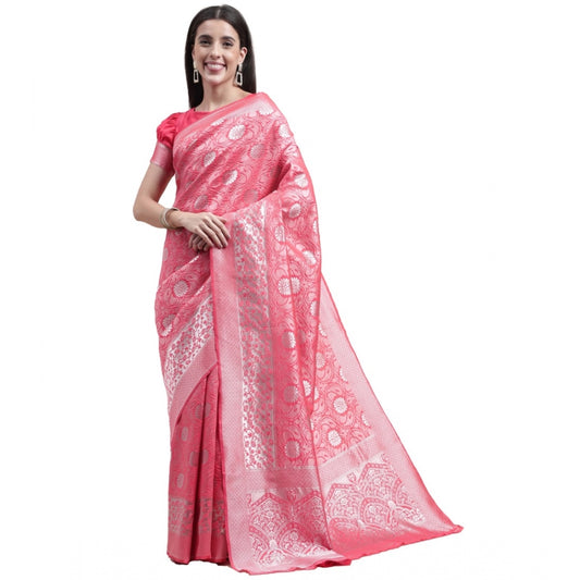 Shopper Beast Women's Kanjivaram Silk Designer Silver Weaving Saree With Unstitched Blouse (Pink, 5.50 Mtrs)