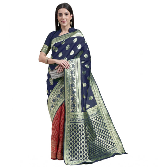 Shopper Beast Women's Kanjivaram Silk Designer Weaving Saree With Unstitched Blouse (Blue,Red, 5.50 Mtrs)